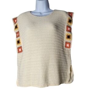 Crochet Granny Square Vest‎ Cream Boho Retro Sweater Tank Women's M Greige